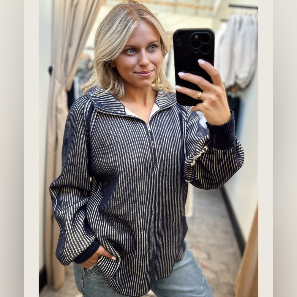 Zenana Outfitters Navy and Cream Vertical-Stripe Half-Zip Sweater